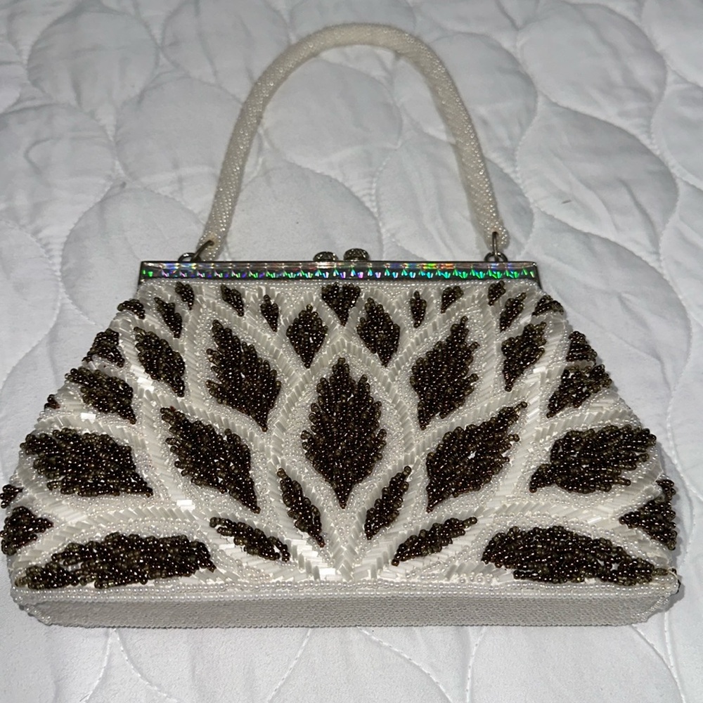 Vintage Beaded Evening Bag purse Leaf Pattern Motif